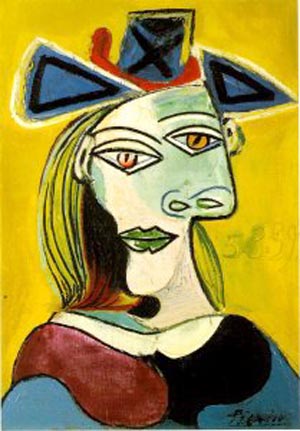 Tete de Femme au Chapeau Bleu Robe Rouge - Pablo Picasso reproduction oil painting