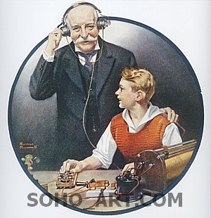 Grandpa Listening In on the Wireless, 1920 - Fred Scraggs reproduction oil painting