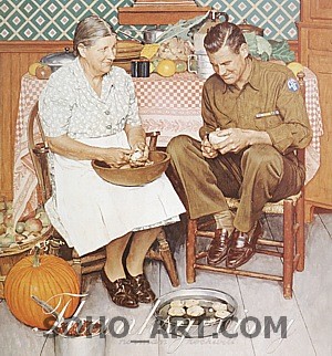 Thanksgiving: Mother and Son Peeling Potatoes, 1945 - Fred Scraggs reproduction oil painting
