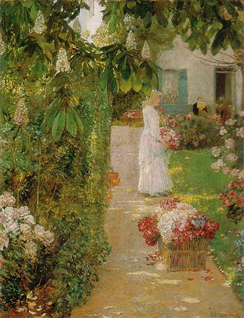 Gathering Flowers in a French Garden, 1888. - Childe Hassam reproduction oil painting