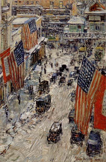 Flags on Fifty seventh Street The winter of 1918 - Childe Hassam reproduction oil painting