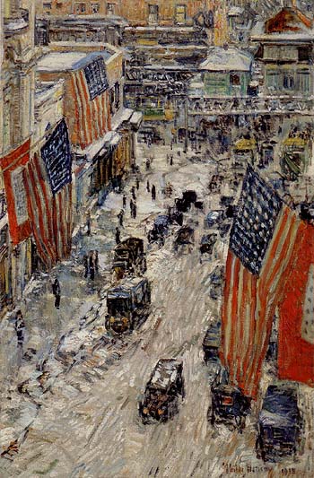 Flags on Fifty seventh Street The winter of 1918 - Childe Hassam reproduction oil painting