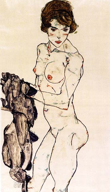 Standing Female Nude with Blue Cloth, 1914 - Egon Scheile reproduction oil painting