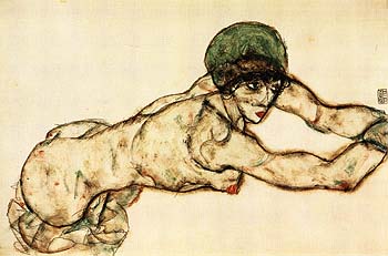 Reclining Female with Green Cap, Leaning to the Right, 1914 - Egon Scheile reproduction oil painting