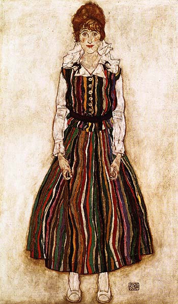 Portrait of the Artist's Wife, Standig (Edith Schiele in Striprd Dress) 1915 - Egon Scheile reproduction oil painting