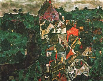 Kruman Landscape (Town and River) 1915-16 - Egon Scheile reproduction oil painting