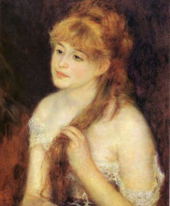 Young Woman Braiding Her Hair 1876 - Pierre Auguste Renoir reproduction oil painting