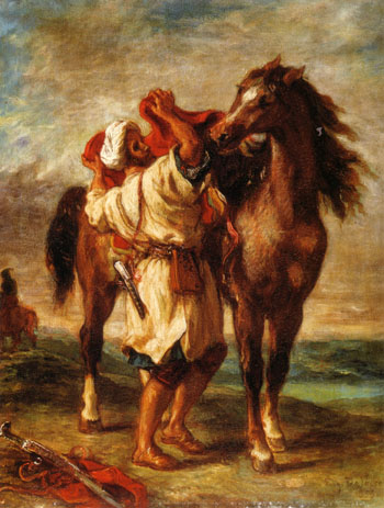 Arab Saddling His Horse 1855 - F.V.E. Delcroix reproduction oil painting