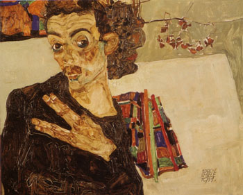 Self Portrait with Black Clay Vase and Spread Fingers - Egon Scheile reproduction oil painting