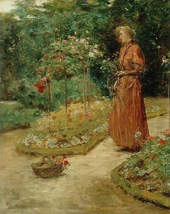 Woman Cutting Roses in a Garden 1888 - Childe Hassam reproduction oil painting
