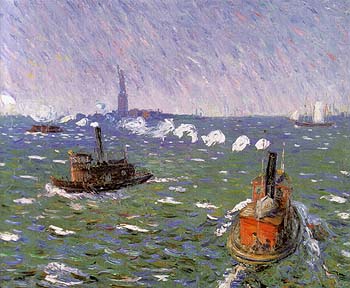 Breezy Day Tugboats New York Harbor 1910 - William Glackens reproduction oil painting