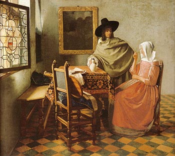 A Lady Drinking and a Gentleman - Johannes Vermeer reproduction oil painting