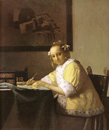 Writing Lady in Yellow Jacket 1666 - Johannes Vermeer reproduction oil painting