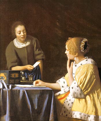 Lady with a Maidservant Holding a Letter - Johannes Vermeer reproduction oil painting