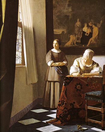 Lady writing a Letter with Her Maid 1671 - Johannes Vermeer reproduction oil painting
