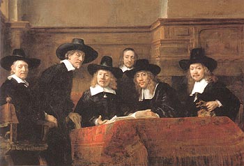 The Syndics The sampling Officials of the Amster dam Drapers Guild 1663 - Rembrandt Van Rijn reproduction oil painting