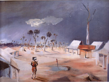 Jerilderie backcloth for Act l of Ned Kelly by Douglas Stewart performed in Sydney 1956 - Sidney Nolan reproduction oil painting