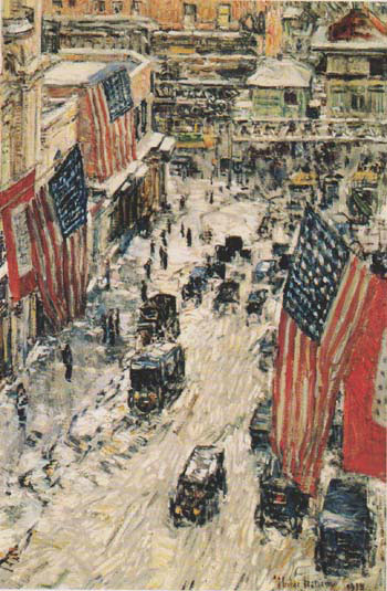 Flags on 57th Street Winter 1918 - Childe Hassam reproduction oil painting