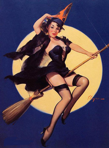 Witch on a Broomstick Riding High - Pin Ups reproduction oil painting