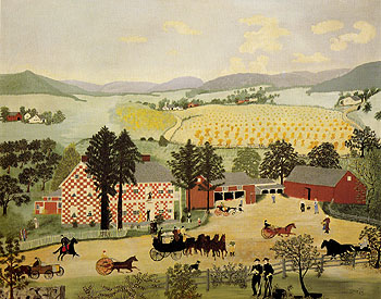 Checkered House 1943 - Grandma Moses reproduction oil painting