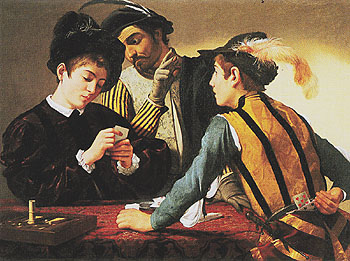 The Cardsharps c1594 - Caravaggio reproduction oil painting