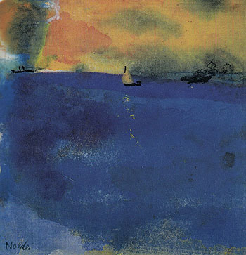 Blue Sea Sailboat and Two Steamships - Emile Nolde reproduction oil painting