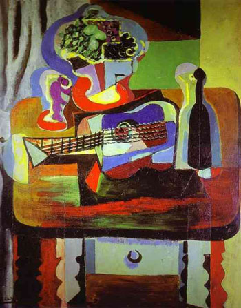 Guitar Bottle Fruit Dish and Glass on a Table 1919 - Pablo Picasso reproduction oil painting