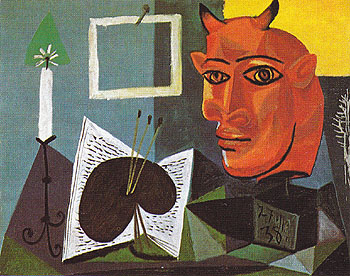 Still Life with Candle Palette and Red Head of Minotaur 1938 - Pablo Picasso reproduction oil painting