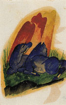 Two Blue Horses in Front of a Red Rock 1913 - Franz Marc reproduction oil painting