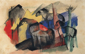 Three Horses in a Landscape with Houses 1913 - Franz Marc reproduction oil painting