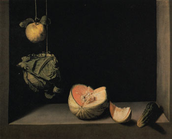Still Life with Quince Cabbage Melton and Cucumber 1602 - Juan Sanchez Cotan reproduction oil painting