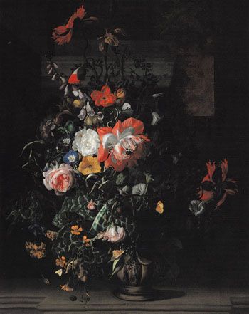 Roses Convolvulus Poppies and other Flowers in an um on a Stone Ledge c1680 - Rachel Ruysch reproduction oil painting