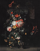 Roses Convolvulus Poppies and other Flowers in an um on a Stone Ledge c1680 - Rachel Ruysch