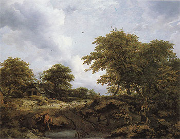 Woody Landscape with a Pool and Figures - Jacob van Ruisdael reproduction oil painting