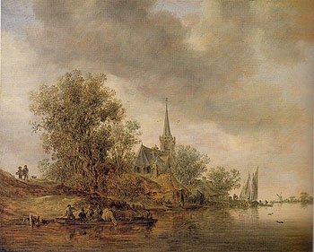 River Landscape with a Village Church 1642 - Jan van Goyen reproduction oil painting