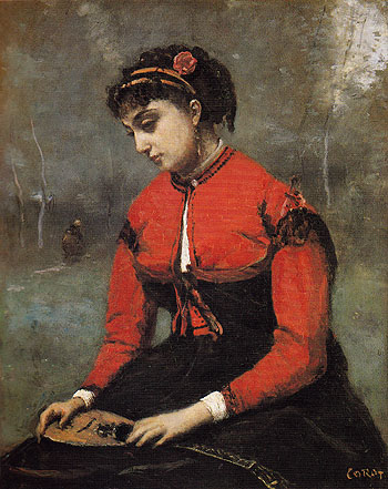 Young Woman in a Red Bodice Holding a Mandolin c1868 - Jean-baptiste Corot reproduction oil painting