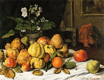 Apples Pears and Primroses on a Table c1871 - Gustave Courbet reproduction oil painting