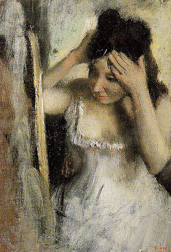 Woman Combing Her Hair Before A Mirror c1877 - Edgar Degas reproduction oil painting