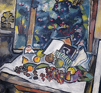 Still Life with Fruits Open Book and a Pot of Flowers c1908 - Natalia Gontcharova reproduction oil painting