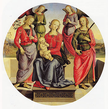 The Virgin and Child Surrounded by Two Angels St Rose and St Catherine - Pietro Vannucci reproduction oil painting