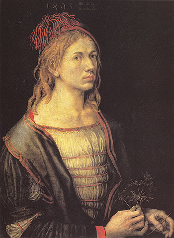 Portrait of the Artist Holding an Erynganeum - Albrecht Durer reproduction oil painting