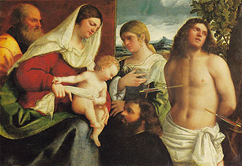 The Holy Family with St Catherine St Sebastian and a Donor - Sebastiano Del Piombo reproduction oil painting