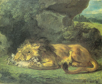 Lion Devouring a Rabbit - F.V.E. Delcroix reproduction oil painting