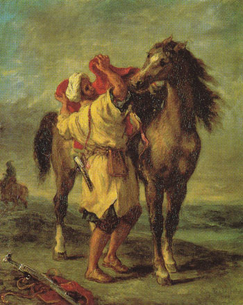 Moroccan Saddling a Horse 1855 - F.V.E. Delcroix reproduction oil painting