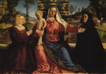 Madonna and Child with Painting Commissioners - Palma Vecchio reproduction oil painting