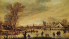 A River in Winter - Aert va der Neer reproduction oil painting