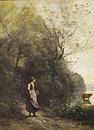 A Peasant Woman Grazing a Cow at the Edge of a Forest 1865 - Jean-baptiste Corot reproduction oil painting