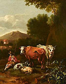 An Italianate Landscape with a Herdsman and His Cattle Resting near a Tree - Abraham Jansz Begeyn reproduction oil painting