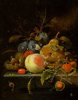 Fruit and Nuts on a Stone Ledge - Abraham Mignon