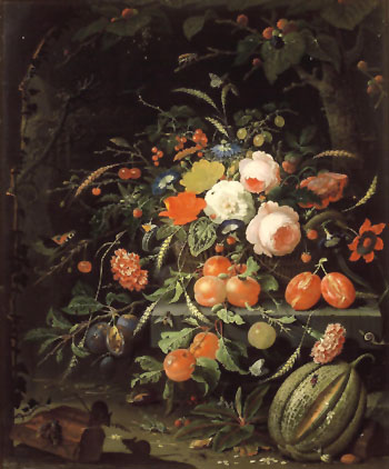 Still Life with Flowers and Fruit c1660 - Abraham Mignon reproduction oil painting